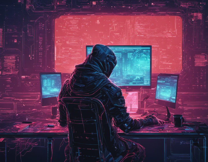 A high tech cyberpunk image of a hacker sitting at their desk, hacking the planet. cyberpunk, gibson, matrix, 4k